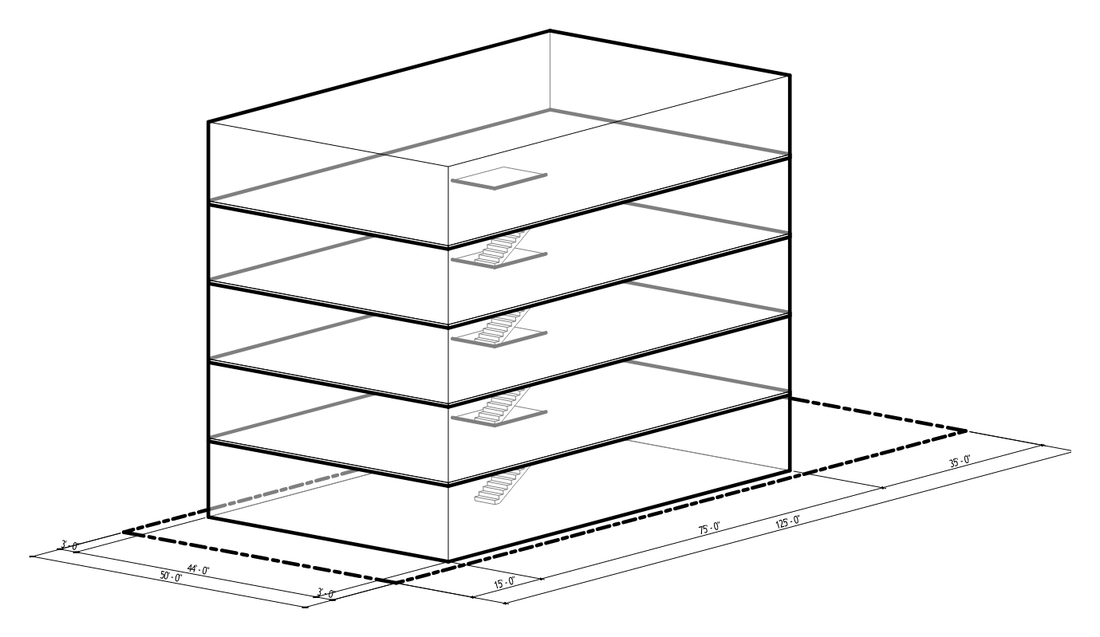 Axonometric diagram of a single-stair building on a typical Chicago double lot, 50 by 125 feet, showing five stacked floor plates served by one central stair