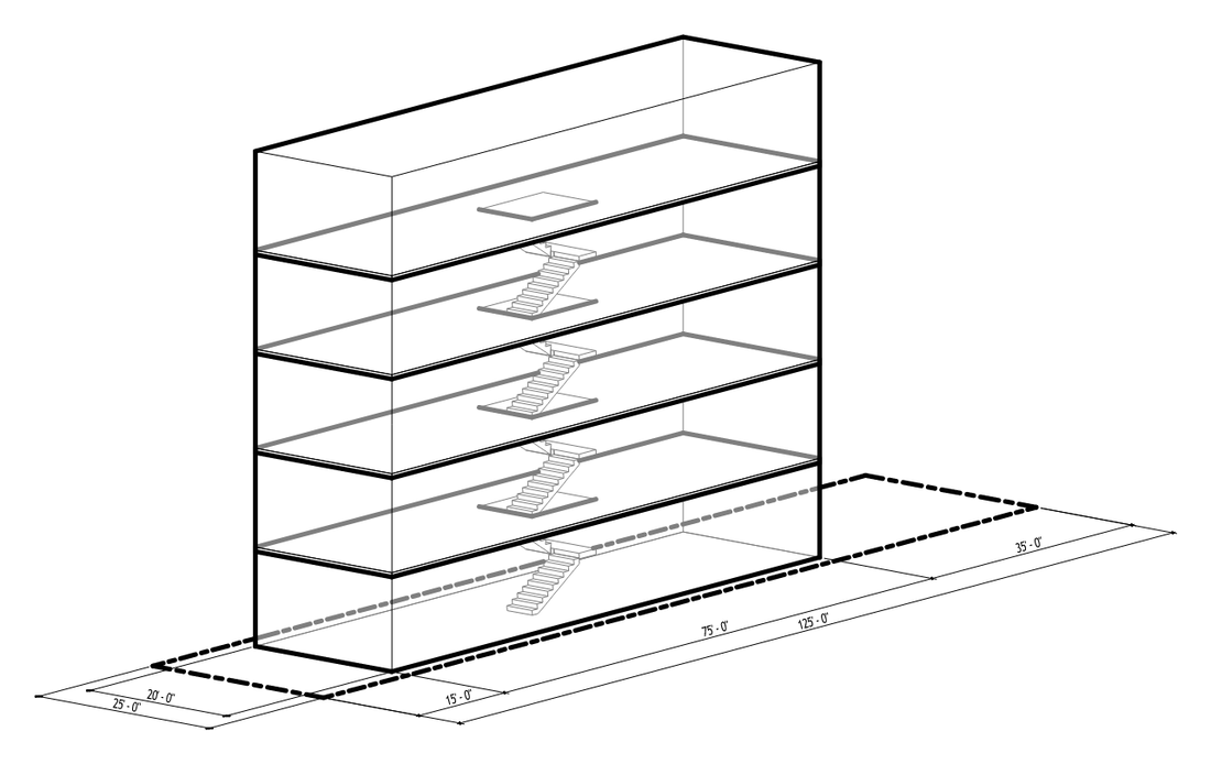Axonometric diagram of a single-stair building on a typical Chicago single lot, 25 by 125 feet, showing five stacked floor plates served by one central stair